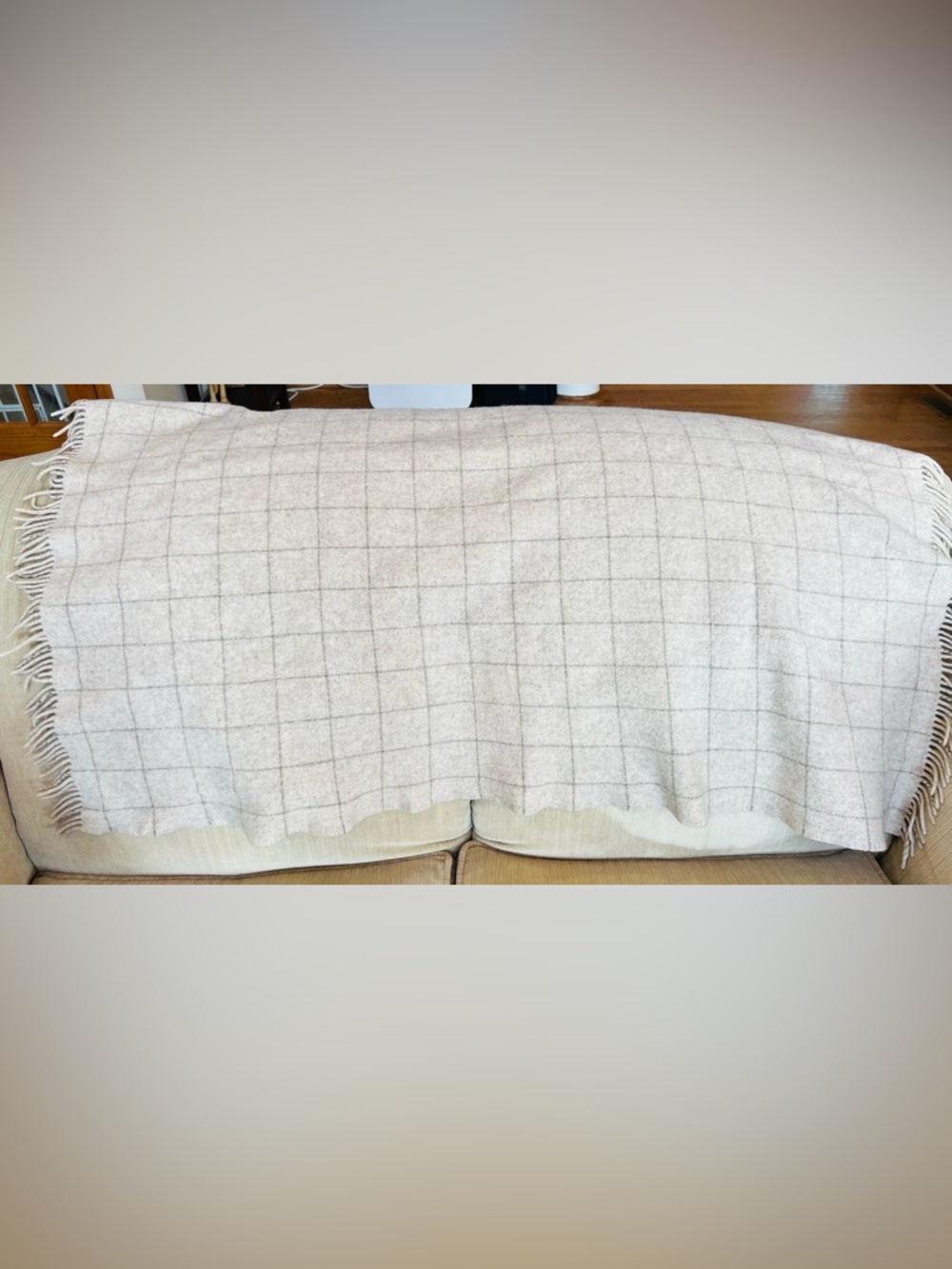 Vintage KelmScott Wool Throw Blanket Neutral Plaid Lap Blanket Fringe Maine - Picture 3 of 11